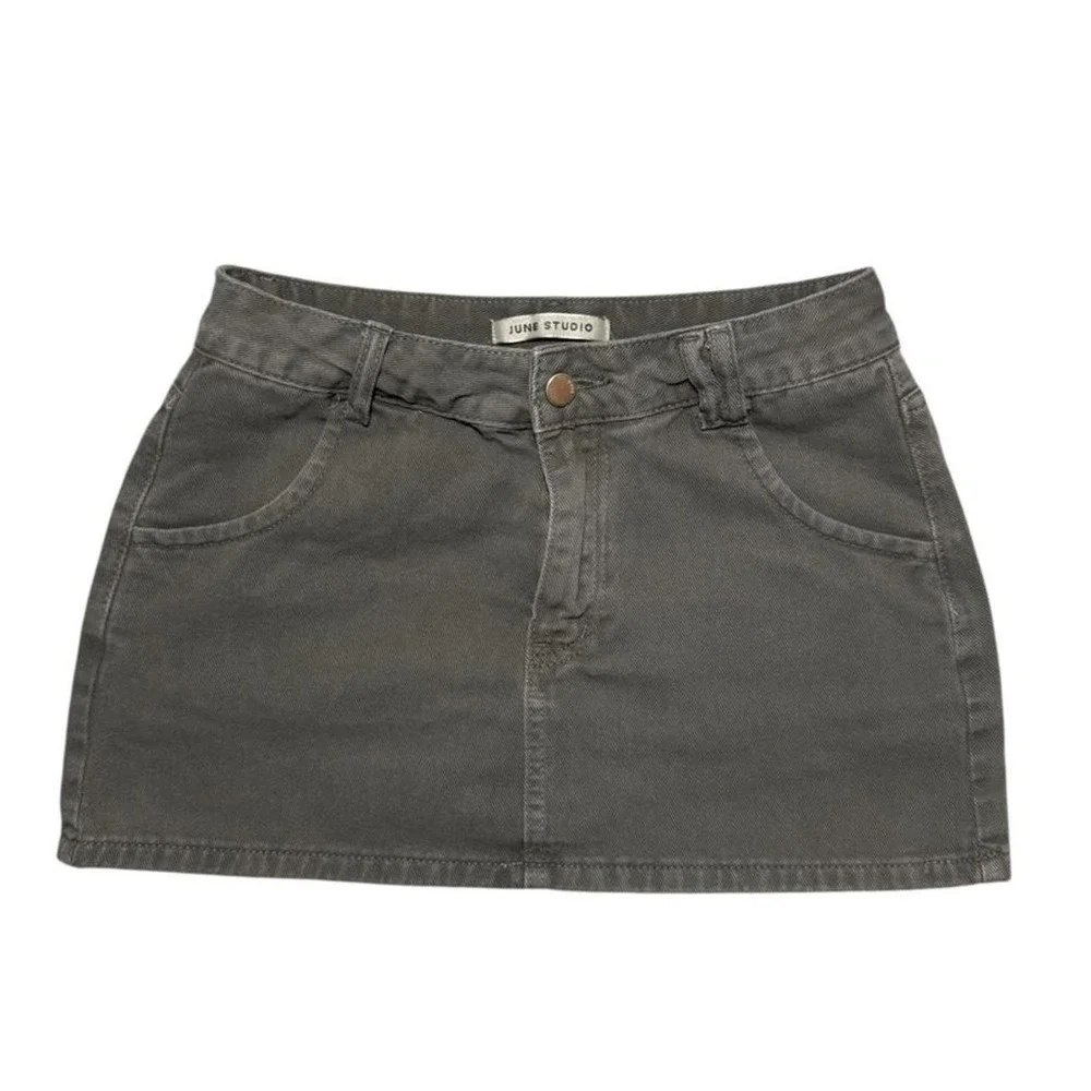 June Studio Y2K Olive Washed Denim Micro Mini Skirt Low Rise Utility Washed